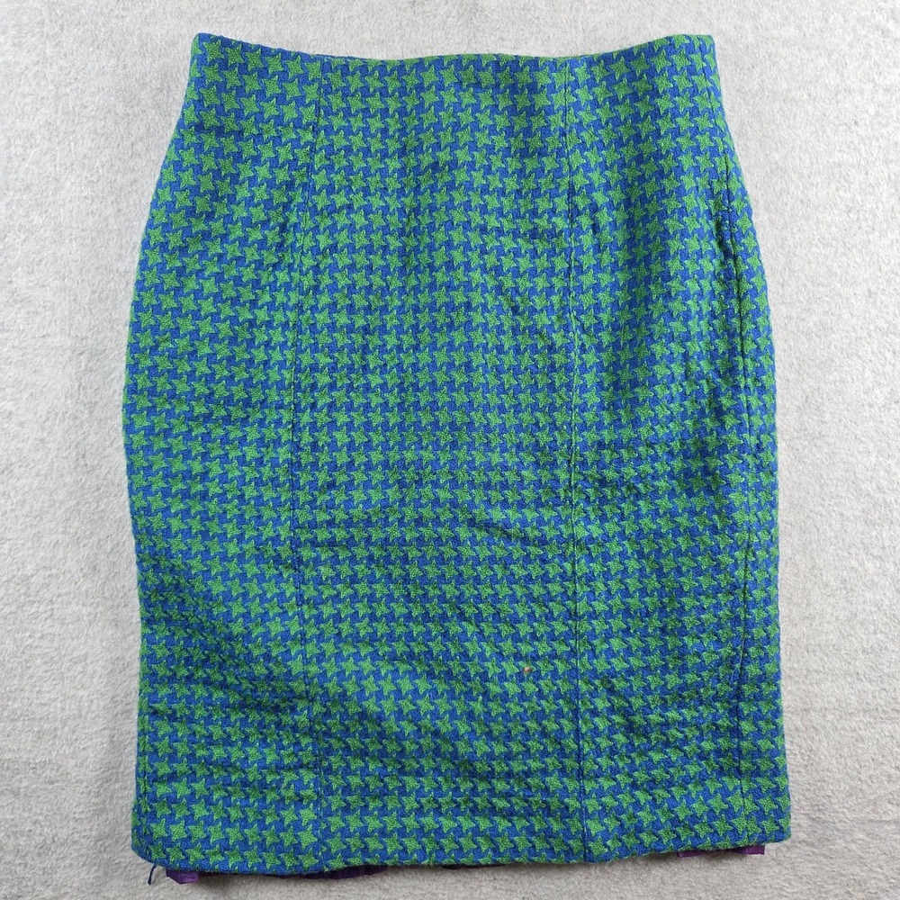 Vintage Style Houndstooth Pencil Skirt Womens Medium Green Blue Textured Lined